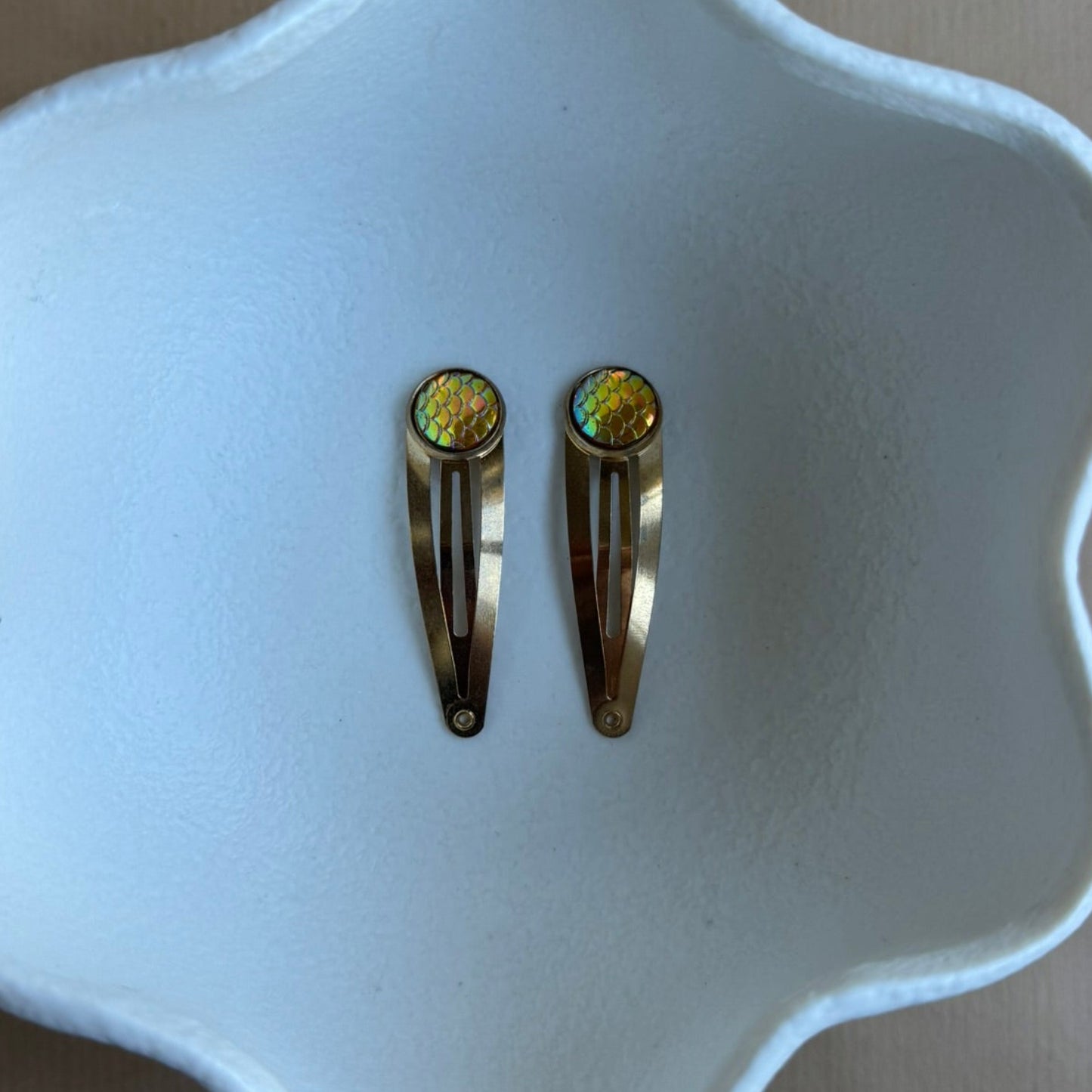 gold hair clips with yellow mermaid scale stones