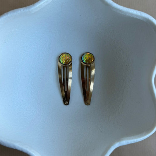 gold hair clips with yellow mermaid scale stones