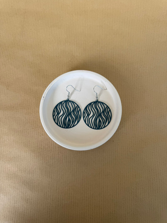 Teal Pair of earrings on a white circular stand against a beige background